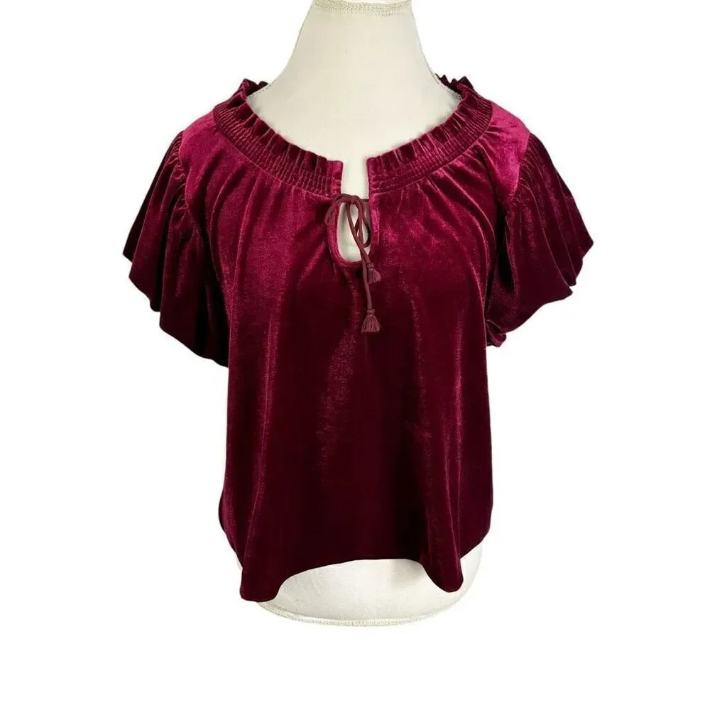 Free People Terese Garnet Red Velvet Short Puff Sleeve Top Boho Fall Size M